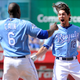 Brett Eibner celebrates the Royals’ are-you-fucking-kidding-me comeback with Lorenzo Cain. Via Getty.
